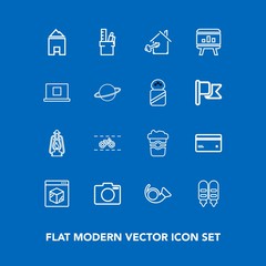 Modern, simple vector icon set on blue background with photo, property, card, template, delivery, , shipping, bike, jazz, vintage, chart, plastic, internet, transportation, kerosene, business icons