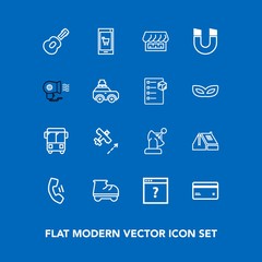 Modern, simple vector icon set on blue background with white, banking, debit, bus, communication, business, telephone, aircraft, mobile, cell, technology, transportation, leisure, magnetic, roof icons