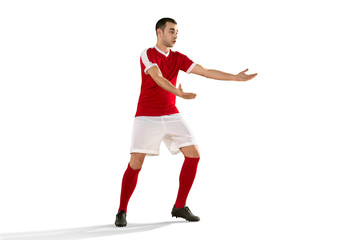 Professional football soccer player isolated white background