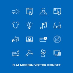 Modern, simple vector icon set on blue background with shopping, finance, internet, money, shovel, website, bank, nature, travel, equipment, forbidden, call, hand, bodysuit, service, megaphone icons