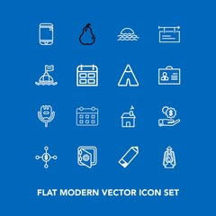 Modern, simple vector icon set on blue background with home, safe, sunrise, security, technology, cell, metal, organic, sun, investment, bank, banking, kerosene, mobile, food, morning, fruit icons