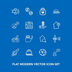 Modern, simple vector icon set on blue background with rocket, military, launch, space, online, chat, luck, plane, telephone, vehicle, communication, home, cash, bag, person, finance, search icons