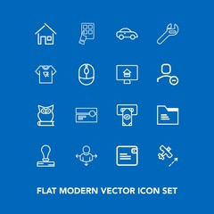 Modern, simple vector icon set on blue background with stereo, sign, car, internet, dollar, atm, paper, house, file, stamp, tape, folder, owl, building, flight, airplane, machine, cash, purse icons