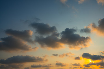 Fototapeta na wymiar Orange sky from the sun behind the clouds