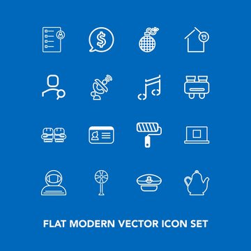 Modern, simple vector icon set on blue background with identity, circle, kitchen, web, spacesuit, ventilator, tag, hot, cosmonaut, boxing, paint, internet, checklist, profile, electric, sign, id icons