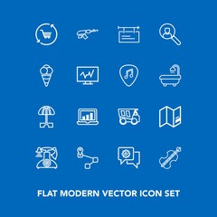 Modern, simple vector icon set on blue background with gun, phone, telephone, trolley, summer, army, sign, cello, communication, navigation, laptop, sun, screen, violoncello, chat, tipper, shop icons