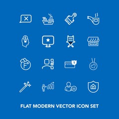 Modern, simple vector icon set on blue background with marine, chat, business, magician, ship, military, fahrenheit, development, plan, love, social, growth, profile, success, classic, war, cash icons