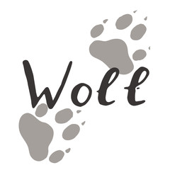 The paw print of a wolf. Grey trail. Wildlife. Vintage vector illustration. Calligraphy handwritten text.