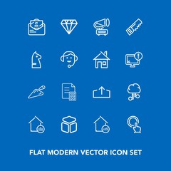 Modern, simple vector icon set on blue background with money, sign, gramophone, diamond, jewelry, house, communication, record, strategy, hand, shovel, property, post, internet, square, touch icons