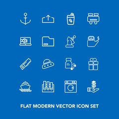 Modern, simple vector icon set on blue background with upload, helm, medicine, rudder, clean, present, machine, pharmacy, construction, gift, equipment, research, box, wheel, nautical, life, web icons