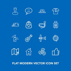 Modern, simple vector icon set on blue background with guitar, red, find, world, map, help, speech, message, cool, support, house, operator, concept, hat, avatar, aircraft, chat, military, war icons