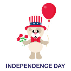 4 july cartoon cute dog in hat with flowers and balloon with text
