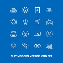 Modern, simple vector icon set on blue background with pool, security, sport, bear, open, coffee, nature, technology, ship, protection, business, vessel, web, shop, sign, exercise, fitness, wild icons