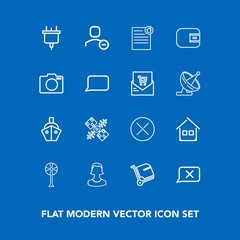 Modern, simple vector icon set on blue background with avatar, purse, space, sea, building, travel, real, estate, human, electricity, wallet, chat, sign, luggage, boat, ventilator, user, finance icons