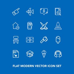 Modern, simple vector icon set on blue background with sport, axe, interior, pitch, screwdriver, list, sweet, people, home, price, chair, music, finger, plane, showing, box, food, dessert, audio icons
