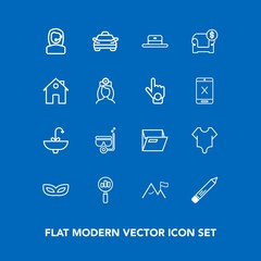 Modern, simple vector icon set on blue background with transportation, find, transport, model, cute, white, car, masquerade, sea, sofa, water, pen, celebration, paper, tap, interior, stationery icons