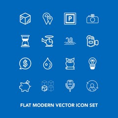 Modern, simple vector icon set on blue background with song, rain, house, product, money, abstract, box, replacement, bird, profile, template, coin, lightbulb, street, map, owl, music, liquid icons