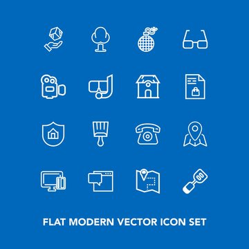 Modern, simple vector icon set on blue background with explosion, message, house, shopping, travel, danger, payment, map, kitchen, environment, property, forest, credit, shipping, bomb, home icons