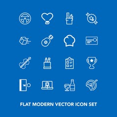 Modern, simple vector icon set on blue background with check, mark, wine, sign, exit, tick, winner, heart, door, pencil, love, medicine, red, video, equipment, technology, education, cello, tool icons