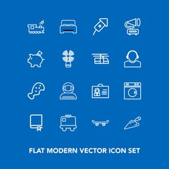 Modern, simple vector icon set on blue background with meal, travel, luggage, airport, food, astronaut, fast, shovel, extreme, railway, machine, skate, profile, festival, skater, book, person icons