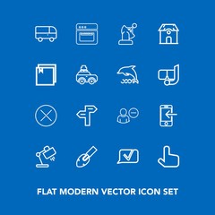 Modern, simple vector icon set on blue background with earth, internet, user, kitchen, delete, chat, oven, architecture, cooking, food, way, equipment, table, close, luggage, phone, estate, road icons
