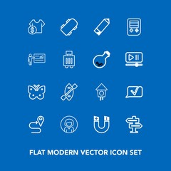 Modern, simple vector icon set on blue background with skate, face, board, road, location, home, extreme, navigation, door, young, room, birdhouse, wing, skater, magnetic, pole, butterfly, field icons