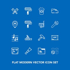 Modern, simple vector icon set on blue background with shovel, night, marine, office, package, black, paper, people, oar, sound, cardboard, construction, professional, sky, person, telescope icons