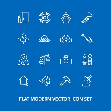 Modern, simple vector icon set on blue background with sea, apartment, space, weight, photography, aerial, travel, control, jet, construction, satellite, standing, transport, aircraft, jetliner icons