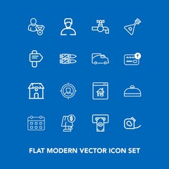 Modern, simple vector icon set on blue background with bag, house, real, profile, online, time, calendar, water, suitcase, architecture, tap, friction, man, finance, marketing, estate, business icons