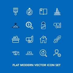 Modern, simple vector icon set on blue background with north, fashion, medieval, summer, snorkel, mask, meeting, open, public, delete, house, paintbrush, east, white, click, graduation, user icons