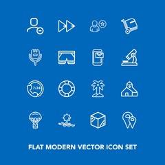 Modern, simple vector icon set on blue background with pin, web, tropical, box, morning, road, jump, rewind, button, product, summer, template, ring, construction, landscape, parachute, sun, sky icons