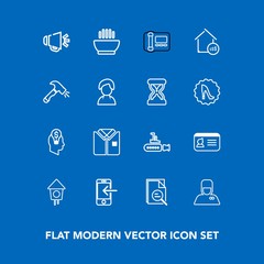 Modern, simple vector icon set on blue background with service, sound, shirt, dinner, hot, mobile, sea, wooden, voice, marine, boat, house, office, identification, concept, hospitality, business icons
