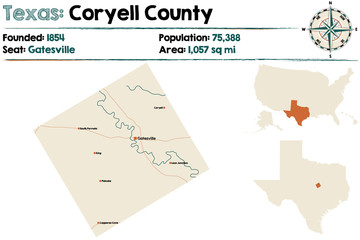 Detailed map of Coryell county in Texas, USA.