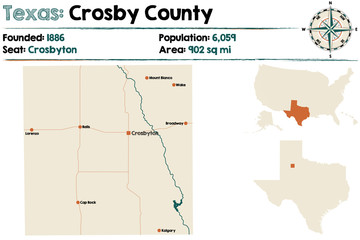 Obraz premium Detailed map of Crosby county in Texas, USA.