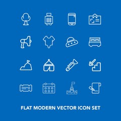 Fototapeta na wymiar Modern, simple vector icon set on blue background with landscape, time, luggage, calendar, musical, baggage, timetable, day, blue, travel, upstairs, bag, downstairs, bugle, down, technology, sky icons