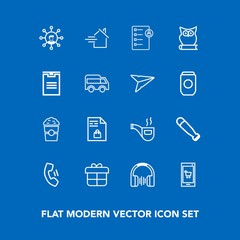 Fototapeta na wymiar Modern, simple vector icon set on blue background with stereo, phone, cup, home, list, wood, vintage, telephone, holiday, sport, music, business, house, decoration, supermarket, technology, gift icons