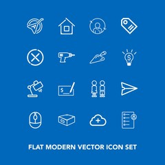 Modern, simple vector icon set on blue background with drawer, job, device, document, cloud, happy, estate, standing, architecture, mouse, checklist, girl, building, quality, refresh, string icons