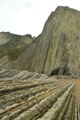 Naklejka premium Geological Formations In Beach And Mountain Of Flysch Type Geopark Basque Route UNESCO. Filmed Game Of Thrones. Itzurun Beach. Geology Landscapes Travel. Zumaia Guipouzcoa Basque Country Spain.