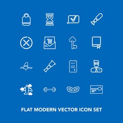 Modern, simple vector icon set on blue background with telescope, finance, sport, leather, stereo, money, ocean, web, surf, bag, party, flight, account, time, airplane, travel, surfing, cassette icons