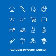 Modern, simple vector icon set on blue background with work, baggage, sport, doorknob, bat, real, power, wear, wood, staff, property, finance, bag, electricity, money, currency, technology, cash icons