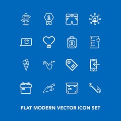 Modern, simple vector icon set on blue background with sweet, jazz, construction, mobile, wear, internet, trumpet, tag, shovel, person, fashion, rod, direction, box, transfer, present, musical icons