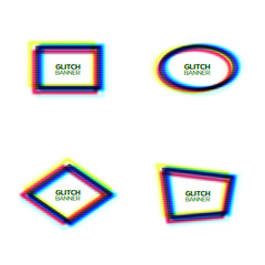 Distorted glitch texture frame set. Abstract modern oval rectangle rhombus polygon background with glitch effect. Broken sign collection with rgb cmyk colors channel. Minimal style vector illustration