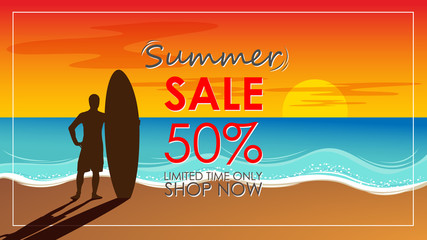 Silhouette of surf man stand with a surfboard with text summer sale for mall or store promotion and marketing. Surfing at sunset beach. Outdoor water sport adventure lifestyle.Summer activity.