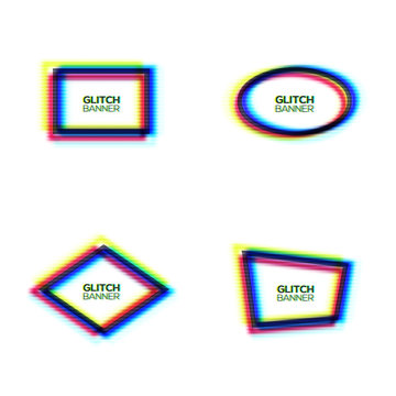 Distorted glitch texture frame set. Abstract modern oval rectangle rhombus polygon background with glitch effect. Broken sign collection with rgb cmyk colors channel. Minimal style vector illustration