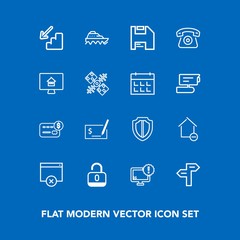 Modern, simple vector icon set on blue background with water, home, direction, upstairs, protect, money, bank, way, desktop, pen, unlock, shield, property, ship, balance, downstairs, boat, down icons