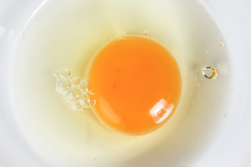 Raw Egg Yolk and white liquid in transparent glass bowl white background