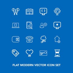 Modern, simple vector icon set on blue background with book, house, paper, heart, tape, time, technology, apartment, hour, money, sand, global, planet, cloud, mobile, network, finance, telephone icons
