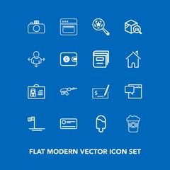Modern, simple vector icon set on blue background with business, army, oven, mexico, sign, cooking, female, speech, baja, coffee, blue, search, weapon, pen, beach, ocean, money, cream, food, gun icons