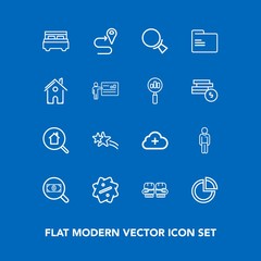 Modern, simple vector icon set on blue background with bedroom, pie, file, office, estate, man, folder, route, navigation, graph, competition, glove, boy, find, internet, bed, male, sign, sale icons