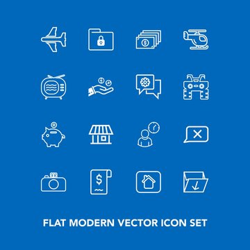 Modern, simple vector icon set on blue background with estate, airplane, lock, television, rubbish, plane, work, currency, camera, transport, building, chat, home, sign, waste, travel, garbage icons